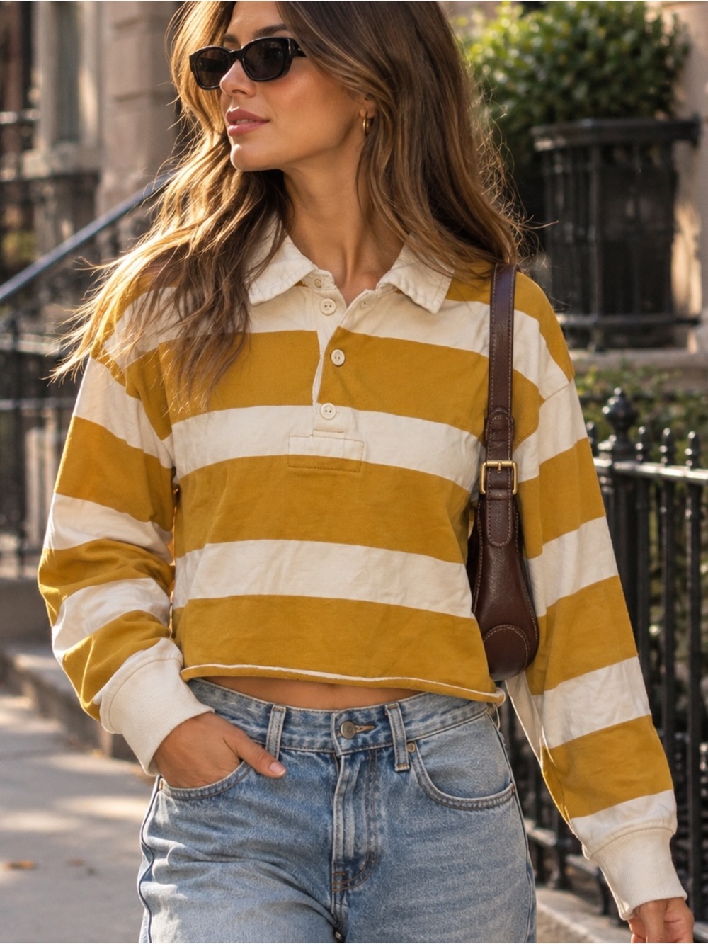 Vintage Y2K Abercrombie Rugby Shirt XS Mustard Stripe Cropped Polo Preppy